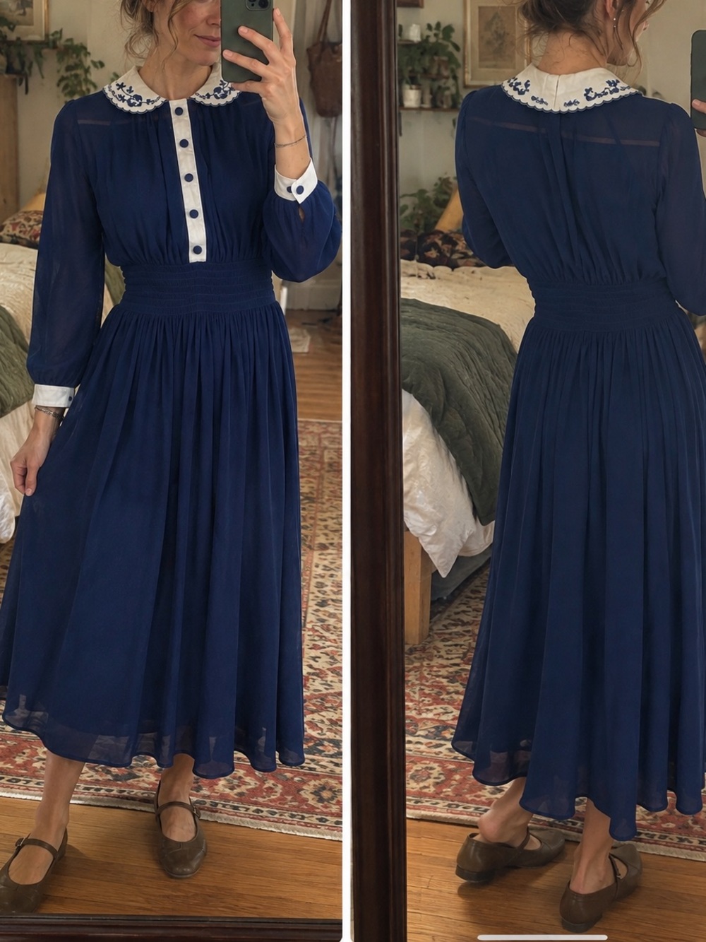VINTAGE KAY WINDSOR 1950s-1960s Collared Embroidered Button Smock Waist Dress